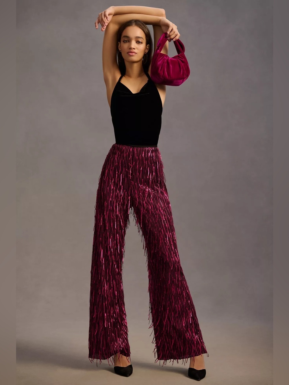 Maeve by Anthropologie Fringed Sequined Wide Leg Pants Sz US 4